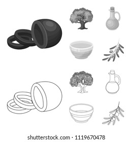 An olive tree, a branch with olives, a vessel and a jug of oil. Olives set collection icons in outline,monochrome style vector symbol stock illustration web.