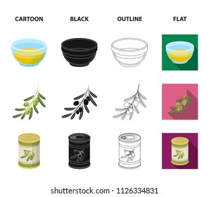 An olive tree, a branch with olives, a vessel and a jug of oil. Olives set collection icons in cartoon,black,outline,flat style vector symbol stock illustration web.