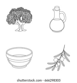 An olive tree, a branch with olives, a vessel and a jug of oil. Olives set collection icons in outline style vector symbol stock illustration web.