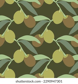 Olive tree branch seamless pattern..Image on white and colored background.Vector.