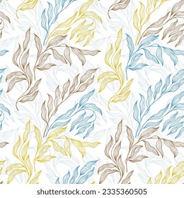 Olive tree branch summer leaves floral vector seamless pattern. Thin contour twig veins doodle. Organic sallow foliage summer motif. Beautiful stylized tree leaves endless pattern.