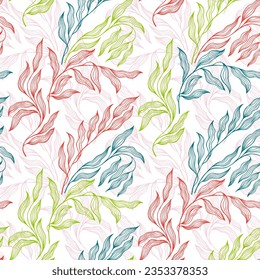 Olive tree branch summer leaves floral vector seamless pattern. Decorative textile print ornament. Organic eucalyptus foliage summer motif. Beautiful stylized tree leaves endless pattern.