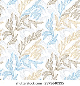 Olive tree branch summer leaves floral vector seamless pattern. Thin contour twig veins doodle. Organic tradescantia foliage summer motif. Striped willow leaves interior design composition.
