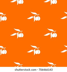 Olive tree branch with two olives pattern repeat seamless in orange color for any design. Vector geometric illustration