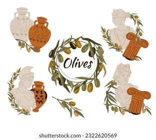 Olive tree branches with ancient marble statues, set of vector illustrations isolated on white background. Design elements for olive oil, food and natural cosmetics.