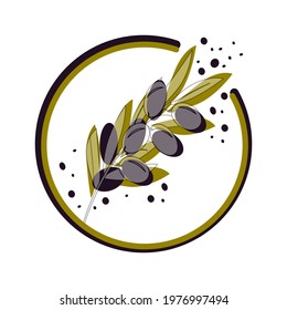 Olive tree branches with dark olives, decorative round frame. Vector illustrations in trendy colors for design, farmers market, food labels, banners, stickers, textiles, in watercolor style.
