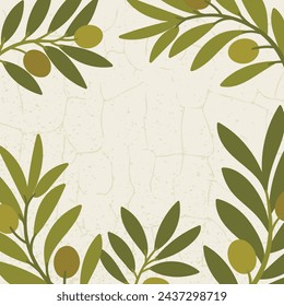 Olive tree branches frame with space for text. Green and beige background for oil production. Hand-drawn vector illustration. 