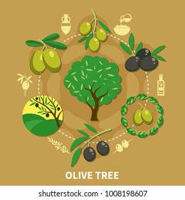 Olive tree, branches with green and black fruits round composition on sand background flat vector illustration 