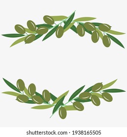 Olive tree branches with green olives, frame, border, place for text. Vector illustration in trendy green colors for design, farmers market decoration, food labels, banners, stickers.