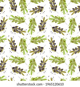 Olive tree branches with green olives and ripe olives. Vector seamless illustrations in acarel style for design, farmers market decoration, food labels, banners, stickers.