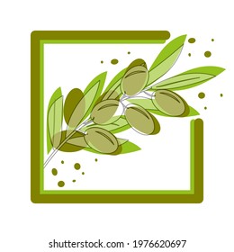 Olive tree branches with green olives, decorative frame. Vector illustration in bright green colors for design, farmers market, food labels, banners, stickers, textiles in watercolor style.