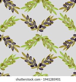 Olive tree branches with green and ripe olives. Seamless vector illustration in pastel green and purple colors for design, farmers market, food labels, banners, stickers, textiles in watercolor style.
