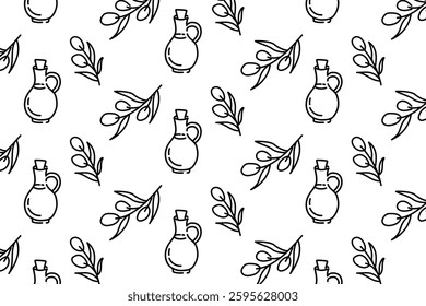 Olive tree branches and olive oil pattern in doodle sketch style. Hand drawn ornament for design