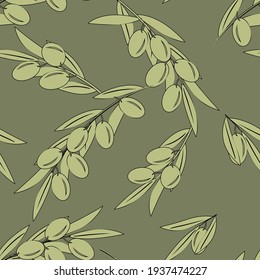 Olive tree branches with olives, monochrome drawing, outline black ink. Vector seamless illustration in trendy green colors for design, farmers market decoration, food labels, banners, stickers.