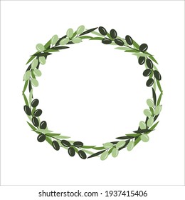 Olive tree branches with ripe and green olives, round wreath frame on white background. Vector illustration in trendy green colors for design, farmers market decoration, food labels, banners, stickers