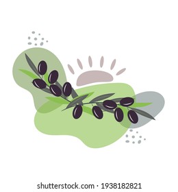 Olive tree branches with ripe olives, abstract background Mediterranean landscape. Vector illustration in trendy pastel colors for design, farmers market decoration, food labels, banners, stickers.