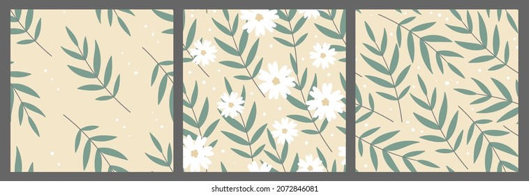 Ramas de olivo colectan patrones sin fisuras. Elementos de planta botánica dibujados a mano en fondo amarillo pastel. Ramas de olivo mínimas con hojas y flores blancas con huellas vectoriales