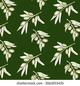 Olive tree branches texture. Vector olives seamless background for oil package. Olive vector botanical illustration.