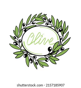 Olive tree emblem. Hand-drawn doodle-style background. Hand-drawn inscriptions. Design for olive oil, olive packaging, natural cosmetics, health products. 