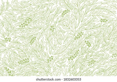 Olive tree foliage pattern background. Olive-tree wrapper. Green leaves line contour. Vector Illustration hand-drawn.