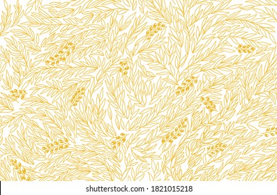 Olive Tree Foliage pattern. Oil wrapper background. Golden color leaves line contour. Vector Illustration hand-drawn.