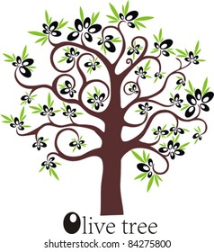 Olive tree full of black olives isolated on white background. Vector illustration