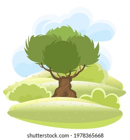 Olive tree. Green rural landscape with hills and hills. Flat cartoon style. The illustration is isolated on a white background. Vector