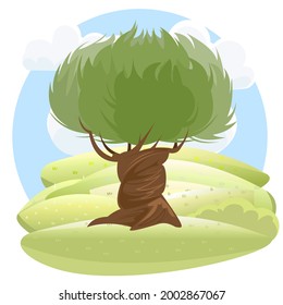 Árbol de oliva. Paisaje rural verde con colinas y colinas. Estilo de caricatura plano. La ilustración está aislada en un fondo blanco. Vector