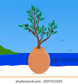 Olive tree growing in a traditional terracotta planter pot by the sea under the blue sky. Greek island vacations in the summer. Vector illustration