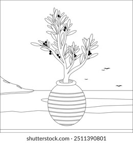 Olive tree growing in a traditional terracotta planter pot by the sea under the clear sky. Greek island vacations in the summer. Vector black and white coloring page.