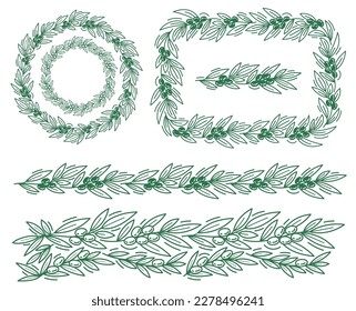 Olive tree kit. Branches floral ornament. Line pattern background. Editable outline stroke. Vector line.
