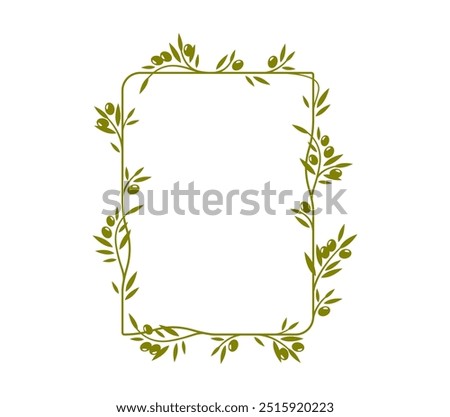 Olive tree leaves frame or divider border of green leaf wreath, vector ornament. Olive leaves frame of plant branches and ornate ornament of Greek olive tree in square border or flourish divider