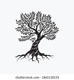 Olive tree logo, beautiful tree and roots silhouette vector isolated on white background.