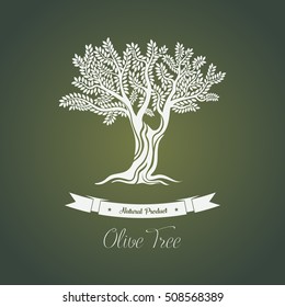 Olive tree logo with branches or greece oil tree. Plant with fruit berry for vegetarian organic food. Fauna badge or logo, grove banner and bottle sticker or label, nature theme