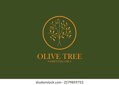 olive tree logo with dark green background with golden yellow tree color. giving warmth in the form of Mediterranean nuance with olive trees growing abundantly