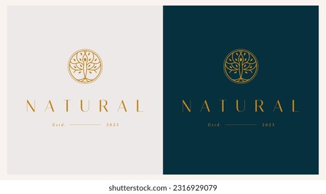 Olive tree logo. Extra virgin olive oil label icon. Tree of life symbol. Organic branch brand identity. Plant leaf sign. Vector illustration.