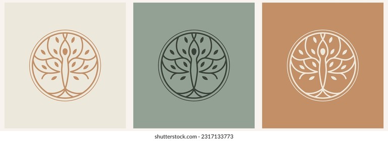 Logo de Olive tree. Icono de la etiqueta de aceite de oliva virgen extra. Símbolo del árbol de la vida. Identidad de marca de rama orgánica. Signo de hoja de planta. Ilustración vectorial.