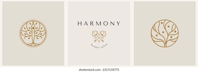 Olive tree logo. Extra virgin olive oil label icon. Tree of life symbol. Organic branch brand identity. Plant leaf sign. Vector illustration.