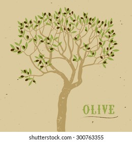 Olive tree logo on old paper background. Nature and environment ecology theme. Vector illustration for your design.