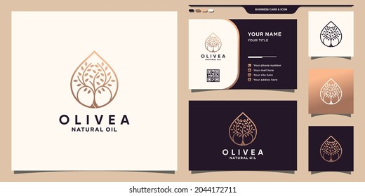 Olive tree logo and water drop icon with line art style and business card design Premium Vector 