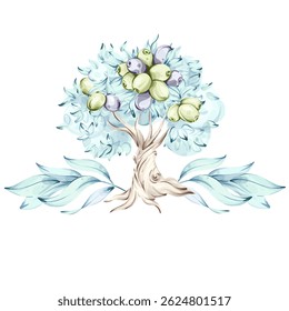 Oliveira com azeitonas e azeite ilustrado em estilo aquarela apresentando beleza da natureza e quadro cozinha italiana, borda, arranjo