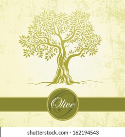 Olive tree on vintage paper. Olive oil. Vector  olive tree. For labels, pack.