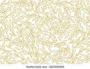 Olive Tree pattern. Olive-tree oil wrapper background. Golden color. Foliage leaves line contour. Vector Illustration.