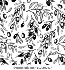 Olive tree seamless pattern. Vector vintage background. Hand drawn engraved style illustration. Design for olive oil, olive packaging, natural cosmetics, health care products. Retro style image.