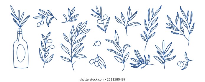 Olive Tree Set. Outline olive leaves and branches in a trendy minimalist style. A symbol of peace and a traditional Greek emblem. Vector illustration suitable for t-shirt prints, web design, posters.