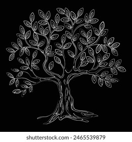 Olive Tree Silhouette Vector, Embroidery tree blossom branch, flower, Botanical ethnic, Vector hand drawn artwork, Olive tree outline curl silhouette icon isolated on black background Tree logo vector