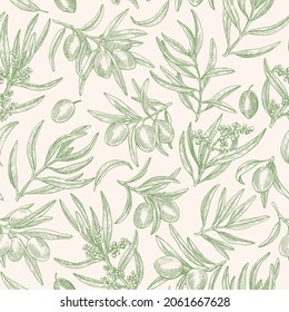 Estribos de olivo, patrón vectorial sin costuras. Aceitunas de color beige grabadas a mano, con contorno verde para el embalaje de diseño, textil, papel pintado, tela