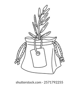 An olive tree sprout in a gift bag in the form of a contour. Isolated flat illustration. An environmentally friendly product with olive oil content. symbol of natural product. outline for coloring