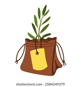 An olive tree sprout in a gift bag in the form of a contour. Isolated flat illustration. An environmentally friendly product with olive oil content. A natural product. the scheme for coloring