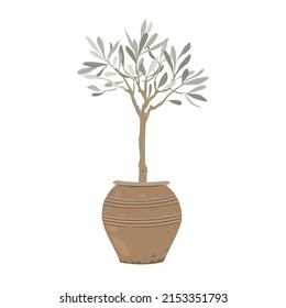 Olive Tree In A Stylish Antique Clay Pot Isolated On White Background. Home Plant Decor Element. Vector Illustration. 